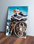 Personalized pet canvas featuring a yellow lab as a Viking warrior with shield and axe.