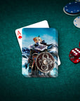 Personalized playing cards featuring a dog in a Viking warrior portrait on a green felt table with poker chips and dice.