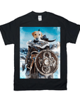 Black Gildan t-shirt with a personalized Viking warrior dog design, featuring a brown dog holding a shield.