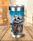 Personalized stainless steel tumbler with a golden retriever pet portrait as a Viking warrior.