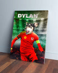 Personalized pet canvas featuring a dog in a red Wales football kit on a stadium background.