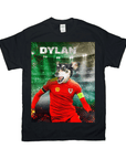 Black Gildan t-shirt featuring a personalized graphic of a dog's head on a soccer player's body in a red Wales jersey.