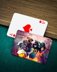 Personalized playing cards featuring custom pet portraits of dogs in football uniforms.