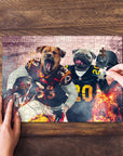 Personalized 2 pet puzzle featuring dogs in football uniforms with a fiery background.