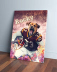 Personalized pet canvas featuring a dog in a Washington Doggos football uniform, holding a helmet.