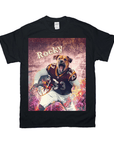 Black Gildan t-shirt featuring a personalized graphic of a dog in a football uniform with "Rocky" above.