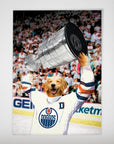 Golden Retriever dog in a white hockey jersey holding a silver trophy aloft, celebrating in a crowded arena.
