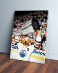Golden Retriever dog in a hockey jersey holding a silver trophy on a personalized canvas.