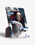 Personalized pet standing canvas featuring a dog in a Winnipeg Doggos hockey goalie uniform.