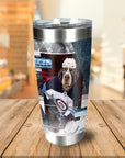Personalized stainless steel tumbler with a custom dog portrait in a hockey uniform.