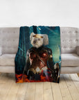 Personalized pet blanket with a white dog in a Wonder Woman portrait style.