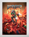 Personalized 'Woof' pet poster featuring a dog's head on a Doom-style character fighting red demons.