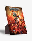 Personalized 'Woof' pet standing canvas featuring a dog in a Doom-style scene with a sturdy back stand.