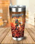 Personalized stainless steel tumbler with a custom dog portrait in a Doom-style cartoon design.