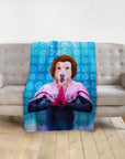 Personalized pet blanket with a golden retriever in a pink "SWAT" uniform and red afro.