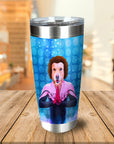 Personalized stainless steel tumbler with a custom dog portrait in a retro workout outfit.