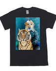 Black Gildan t-shirt with a personalized pet portrait of a dog with blonde hair next to a tiger.