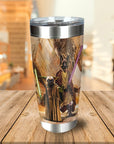 Personalized stainless steel tumbler with two dogs as Jedi, holding lightsabers, in a fantasy portrait style.