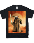Black Gildan t-shirt featuring a personalized pug in a Yoda costume holding a green lightsaber.