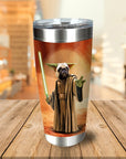 Personalized stainless steel tumbler with a custom dog portrait in a Yoda-like costume holding a green lightsaber.