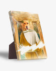 Golden retriever pet portrait on a standing canvas, dressed as Zeus with lightning bolts.