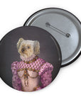Custom personalized pet portrait pin featuring a Yorkshire Terrier in a pink renaissance royal gown.