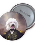 Custom pet portrait pin featuring a white dog in a royal admiral uniform, glossy finish, metal backing.