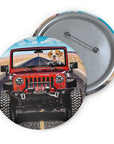 Custom pet portrait pin featuring a bulldog driving a red Jeep on a desert road.