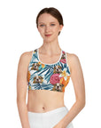 Custom sports bra with personalized bulldog pet portraits and tropical floral design.
