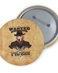 Custom pet portrait pin featuring a Golden Retriever dog in a "Wanted" cowboy poster style.