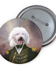 Custom personalized pet portrait pin featuring a white dog in a green admiral uniform with gold accents.