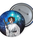 Custom pet portrait pin featuring a chihuahua as Princess Leia against a starry blue galaxy background.