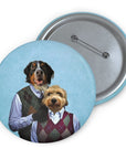 Custom personalized pin featuring two dogs in human clothes, a Bernese Mountain Dog and a Goldendoodle.