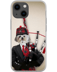 Personalized phone case with a custom pet portrait of a dog dressed as a Scottish bagpiper.