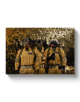 Personalized 3-pet canvas featuring dogs in tan Ghostbusters costumes against a distressed background.