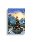 Personalized pet canvas featuring a Rottweiler howling like a wolf in a mountain sunset landscape.
