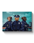 Personalized 3-pet canvas featuring dogs in police officer uniforms against a city skyline.