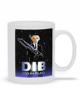 White ceramic personalized pet mug with a dog in a black suit holding a large gun, "DIB Dog in Black" text.