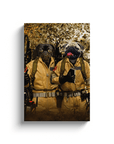 Two pugs in tan Ghostbusters suits on a personalized canvas, ready to hang.