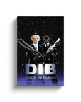 Personalized "Dogs in Black" canvas featuring a yellow lab and black pug in suits with guns against a starry background.