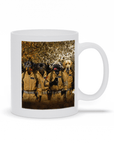 White ceramic personalized pet mug featuring four dogs in "Dog Busters" cartoon costumes.