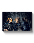 Personalized 3-pet canvas featuring dogs in navy veteran uniforms, holding rifles, on a dark background.