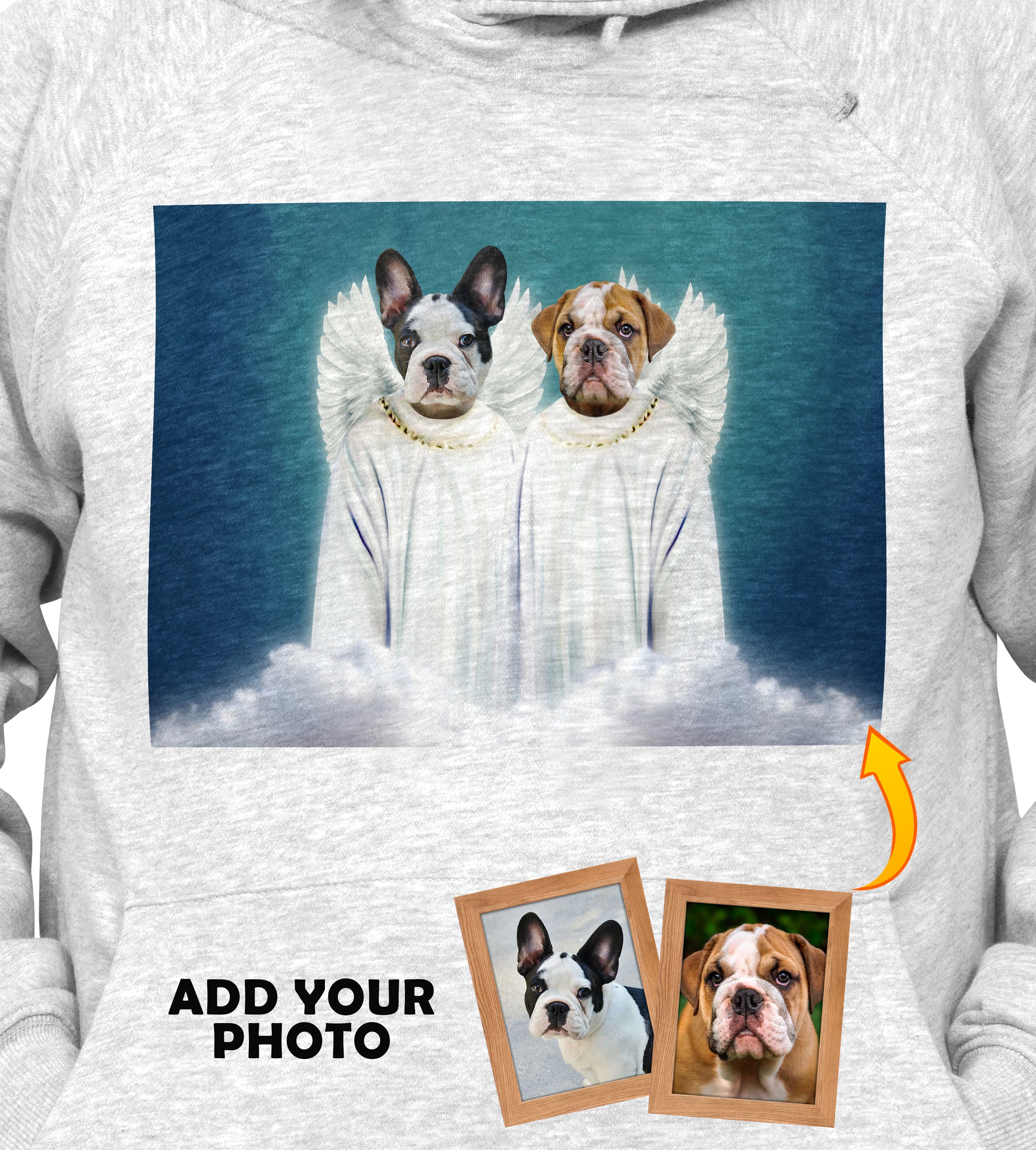 Personalized light grey hoody with two pet dog portraits as angels on a blue background.