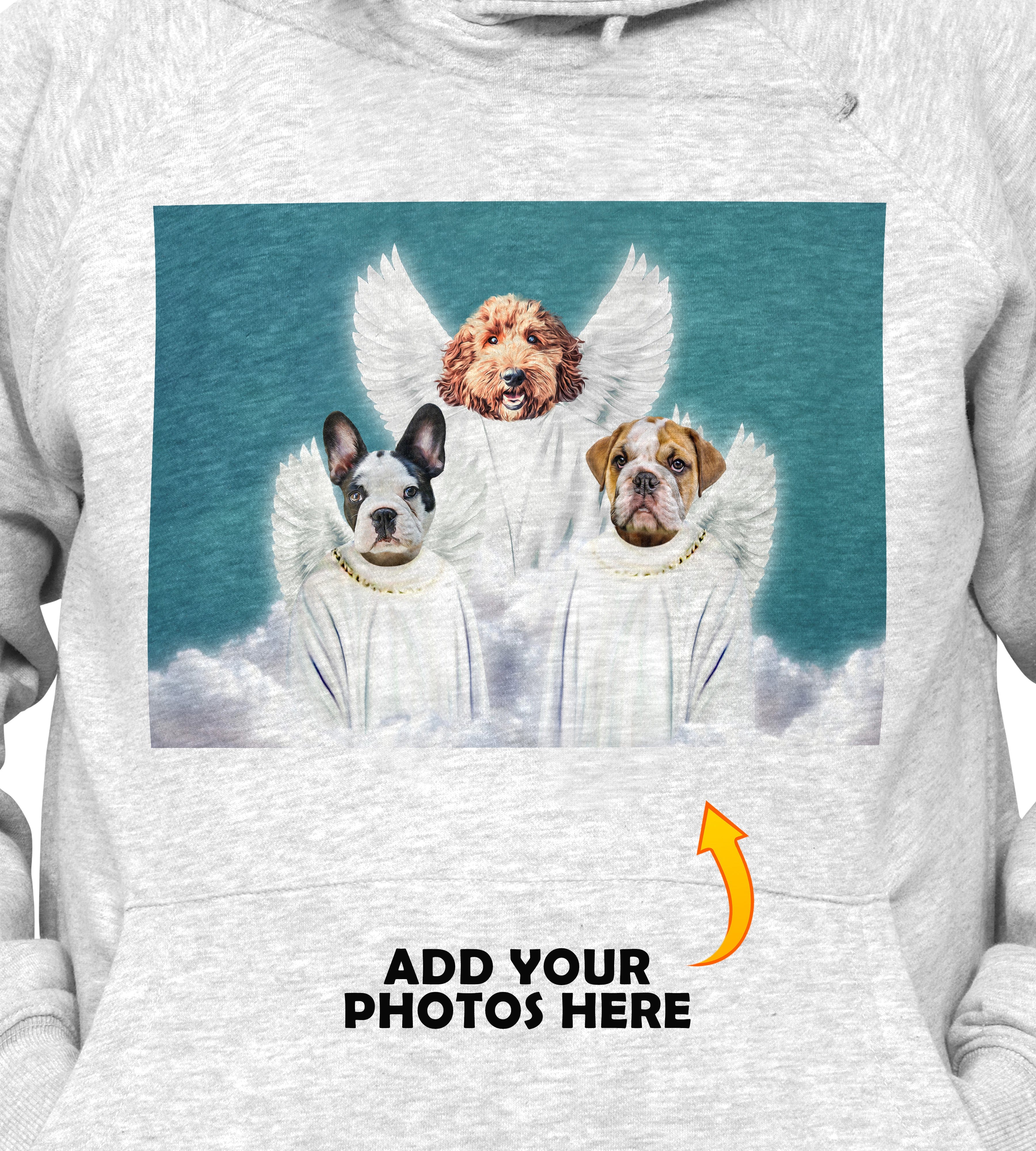 Personalized light gray hoody with a custom renaissance portrait of three dogs as angels on a cloud.