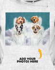 Light grey personalized pet portrait hoody featuring four dogs as angels on clouds.