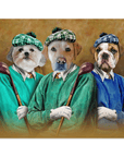 Mini retrato personalizado de tres mascotas 'Los golfistas'