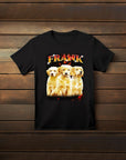 Black custom t-shirt with "FRANK" in fiery orange text above three golden retriever puppies.