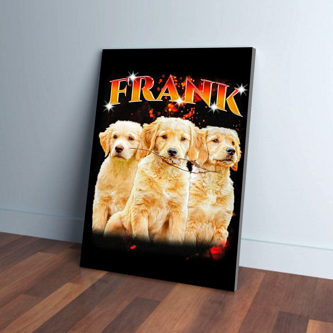 Personalized '90s Bootleg Fire Orange canvas featuring three golden retriever puppies and the name FRANK.