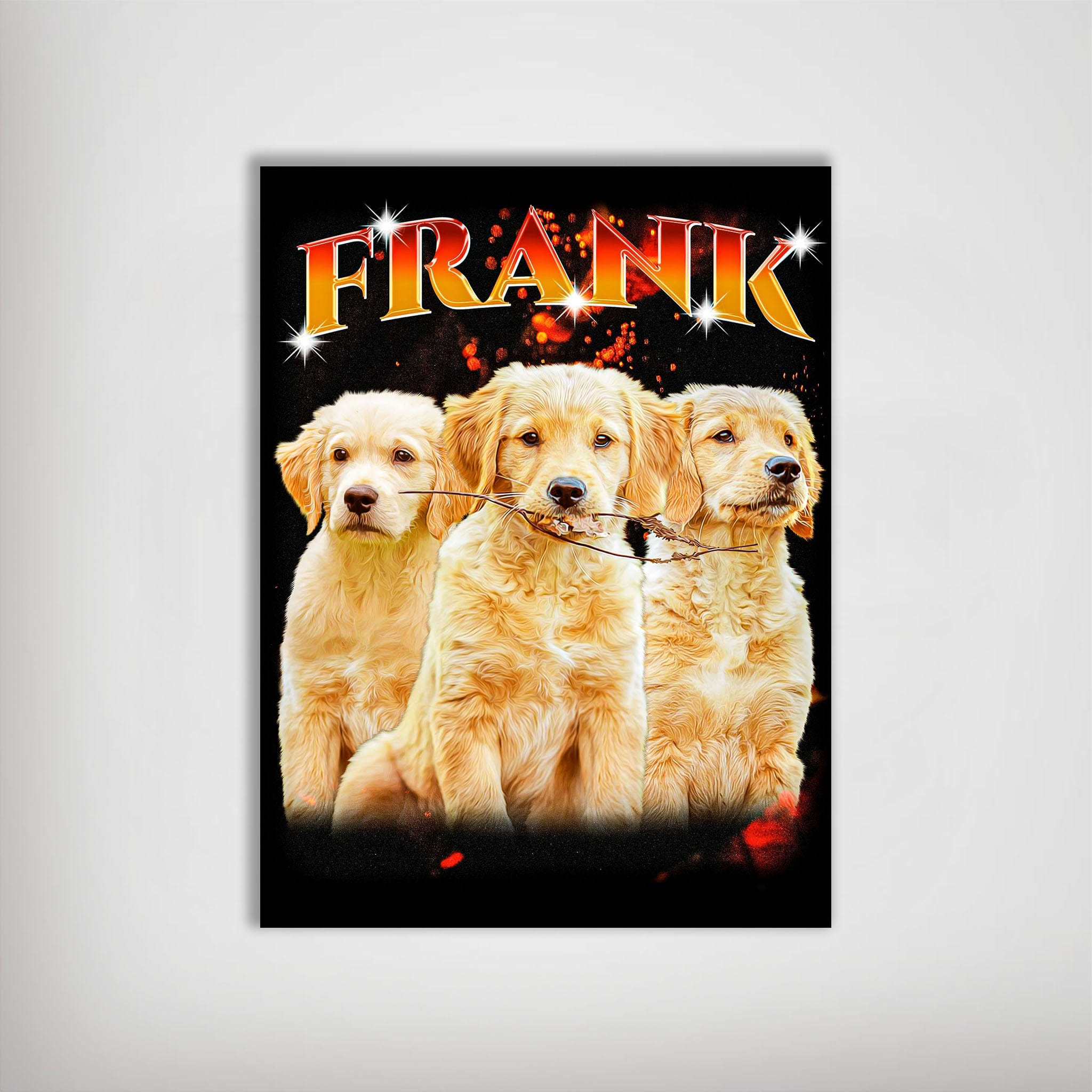 Personalized '90s Bootleg pet poster featuring three golden retriever puppies and "FRANK" in fire orange text.