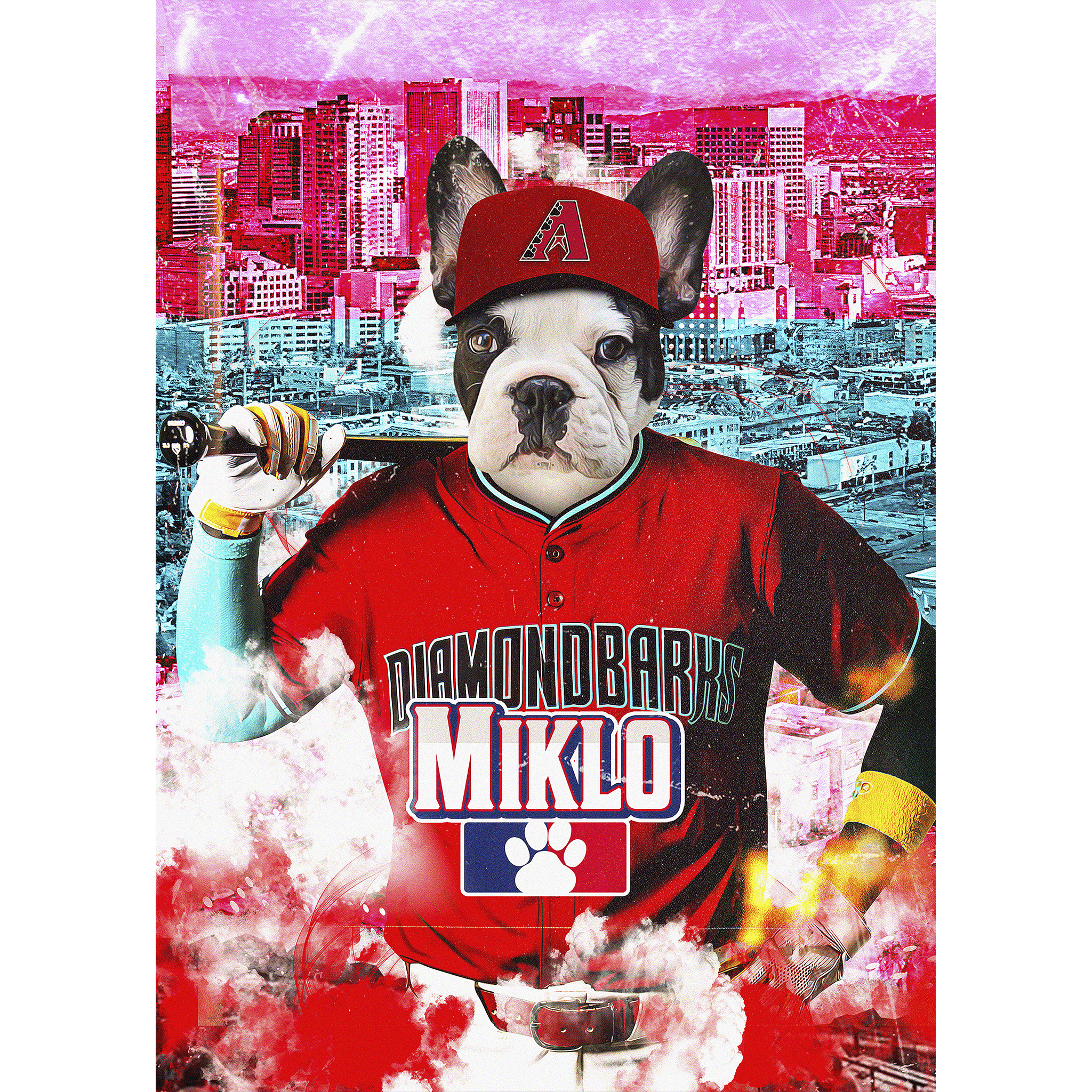 Personalized digital portrait of a French Bulldog in an Arizona Diamondbacks baseball uniform.